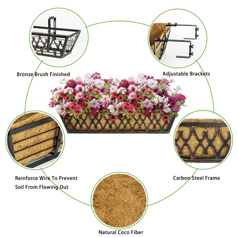 Karlliu 2 Pack 30 Inch Window Boxes Planters Railing Planter Box with Adjustable Brackets for Porch Fence Patio Balcony Hanging Flower Baskets with Coco Liners for Outdoor Garden DÃ©cor - Bronze - Image 3