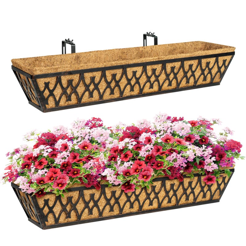 Karlliu 2 Pack 30 Inch Window Boxes Planters Railing Planter Box with Adjustable Brackets for Porch Fence Patio Balcony Hanging Flower Baskets with Coco Liners for Outdoor Garden DÃ©cor - Bronze - Image 1