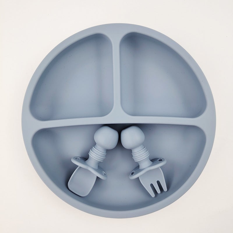 Baby Silicone Bowl Spoon Set CartoonRound plate + short fork spoon (fog Blue) Round plate + short fork spoon (fog Blue)
