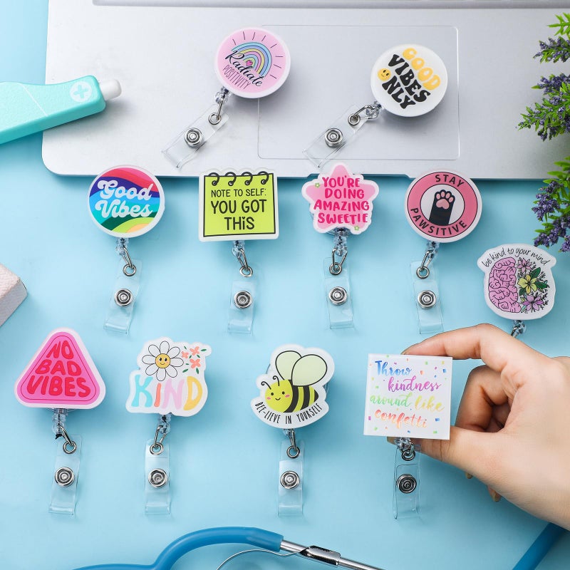 Landical 18 Pcs Cute Retractable Badge Reel Holders Nursing Clips Funny Positive ID Tag Cardholder Clips for Nurses Hospital Medical Work Teachers Students Office Bulk Lanyard Gifts - Image 3