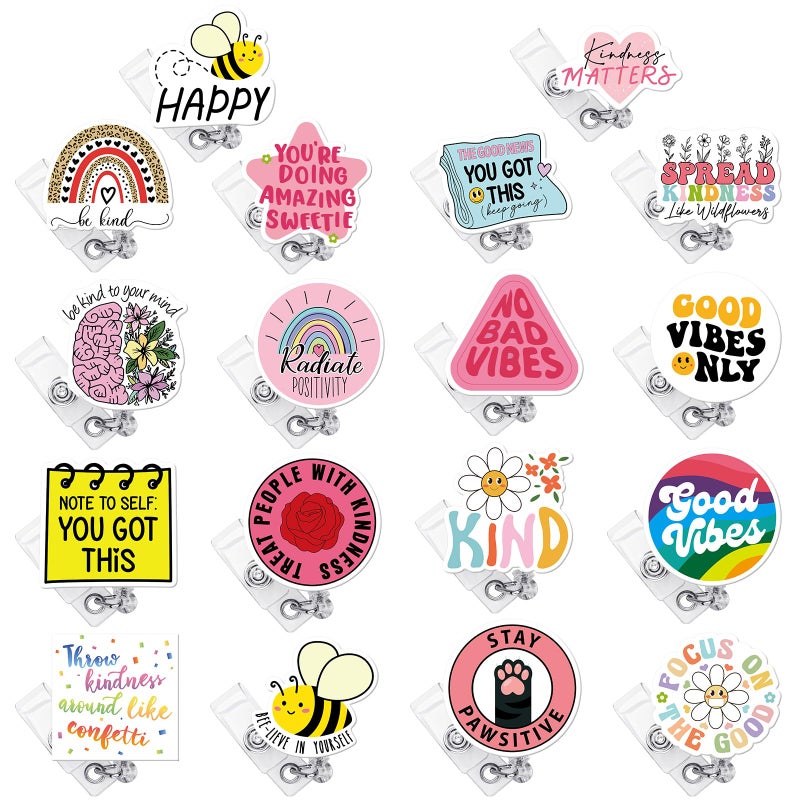 Landical 18 Pcs Cute Retractable Badge Reel Holders Nursing Clips Funny Positive ID Tag Cardholder Clips for Nurses Hospital Medical Work Teachers Students Office Bulk Lanyard Gifts - Image 1