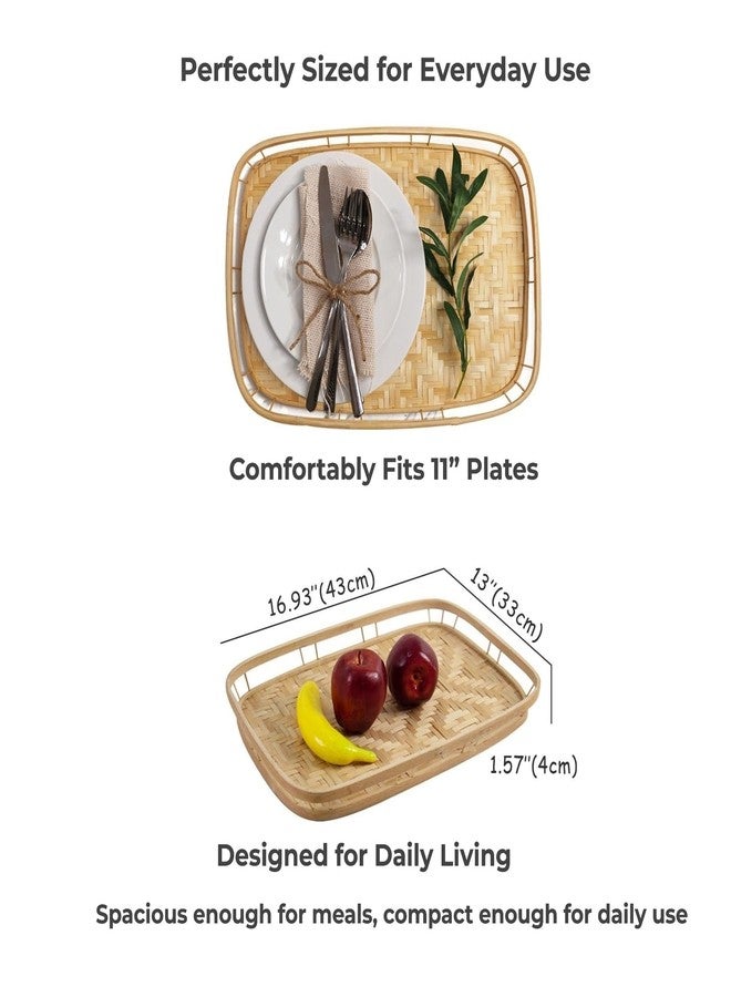 PEMAR Set of 4 Natural Bamboo Trays for Eating - Hand-Woven Handcrafted Rectangular Serving Trays with Handles - Unique Stackable Lap Trays for Dinner, TV Trays for Couch, Farmhouse Decor - Image 5