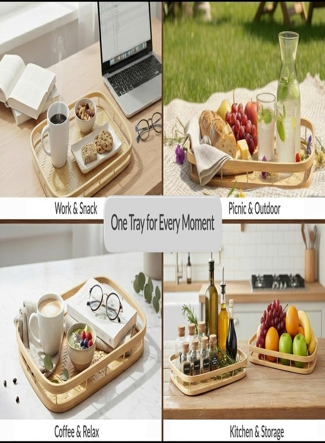 PEMAR Set of 4 Natural Bamboo Trays for Eating - Hand-Woven Handcrafted Rectangular Serving Trays with Handles - Unique Stackable Lap Trays for Dinner, TV Trays for Couch, Farmhouse Decor - Image 3