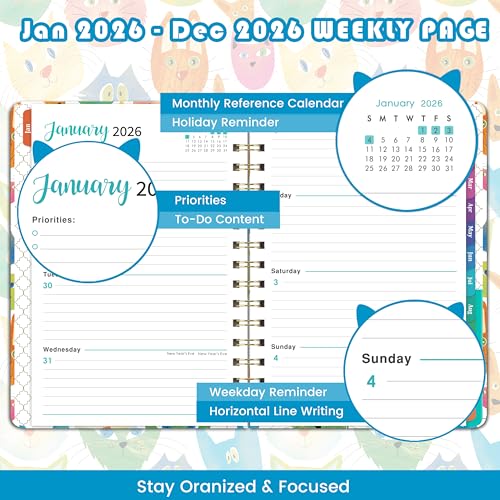 Planrage 2026 Planner - 2026 Planner Weekly and Monthly, Jan.2026 - Dec.2026, 12 Month Planner Weekly & Monthly with Colourful Tabs, 6.4" x 8.5", Hardcover + Back Pocket - Cat - Image 4