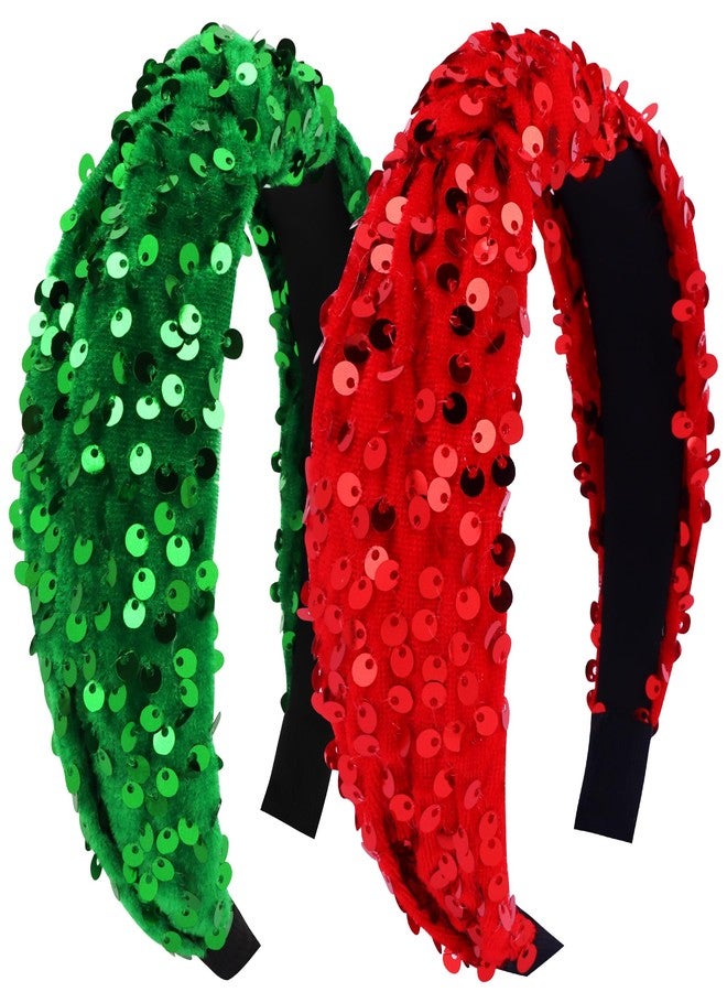 Chanaco Christmas Headbands for Women Xmas Hair Accessories for Adults 2Pcs Holiday Red Green Top Knotted Headwear Non Slip Velvet Sequin Wide Hair Band Party Favors Fashion Headpieces Gifts - Image 1