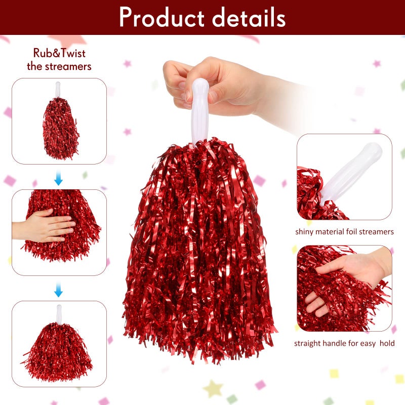 Jerify 60 Pcs Cheerleading Pom Poms Metallic Foil Cheer Pompoms Bulk with Plastic Handle Cheering Costume Accessory for Football Basketball Cheering Squad Team Spirit Dance Sport Stage Performance(Red) - Image 5