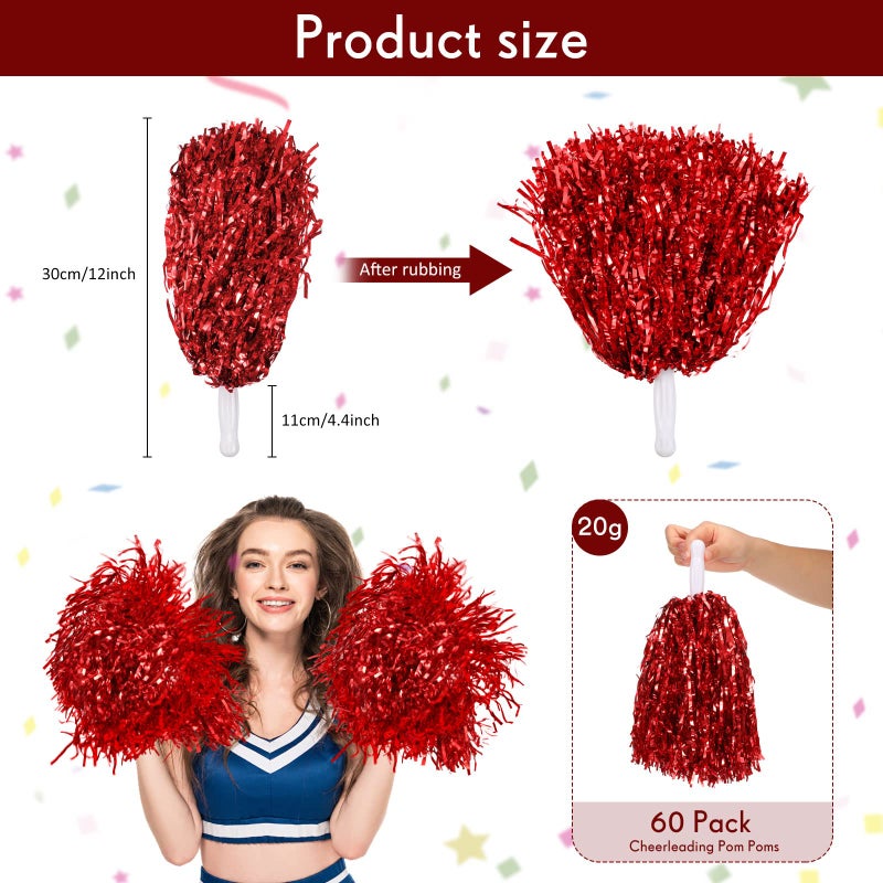 Jerify 60 Pcs Cheerleading Pom Poms Metallic Foil Cheer Pompoms Bulk with Plastic Handle Cheering Costume Accessory for Football Basketball Cheering Squad Team Spirit Dance Sport Stage Performance(Red) - Image 2