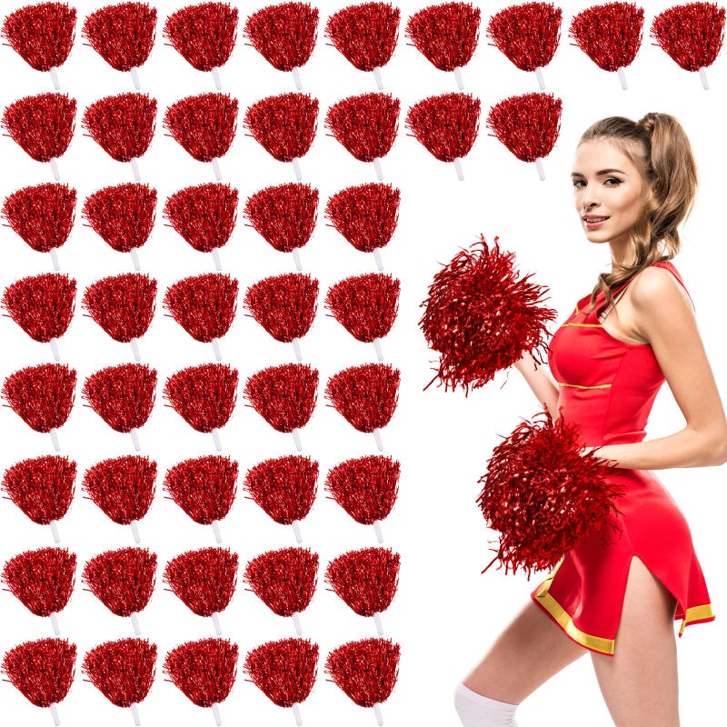 Jerify 60 Pcs Cheerleading Pom Poms Metallic Foil Cheer Pompoms Bulk with Plastic Handle Cheering Costume Accessory for Football Basketball Cheering Squad Team Spirit Dance Sport Stage Performance(Red) - Image 1