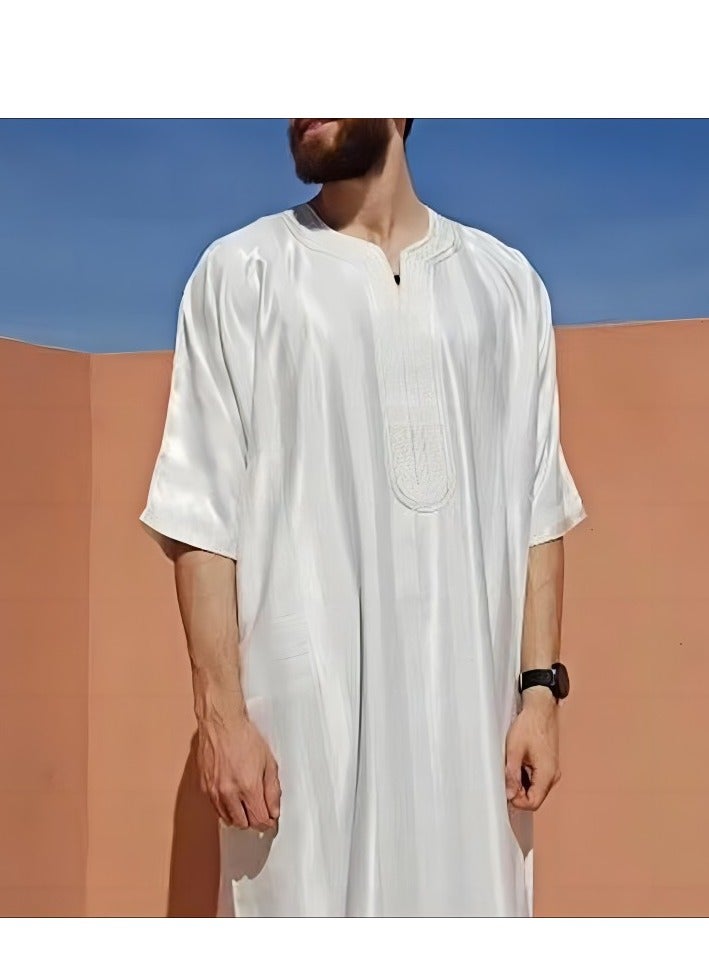 Elegant Men's Short Sleeve Thobe | Stylish Muslim Jalabiya Robe | Lightweight Polyester Fabric | Perfect for Traditional Events & Daily Wear - Image 1