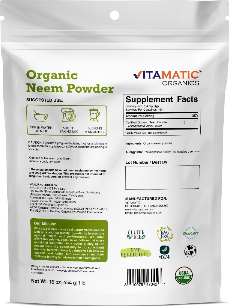 Vitamatic Certified USDA Organic Neem Leaf Powder 1 Pound (16 Ounce) - Image 2