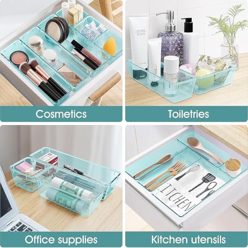 Boniry Drawer Storage Organizer | Drawer Organizer Trays Set Clear Plastic Storage Bins Bathroom Tray Dividers Acrylic Organizer | Dressing Table Organizer (Sea Blue, 5 Pcs) - Image 4