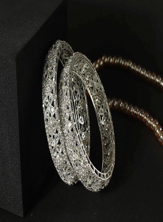 LAVAZZA Designer Alloy Metal Bangles Set with Zircon Diamond & Kundan Stone For Women & Girls | Traditional Women's Bangles Bracelet | Bangles For Girls Wedding, Party, Daily-(LV_RKM28-Silver-2.6) - Image 2