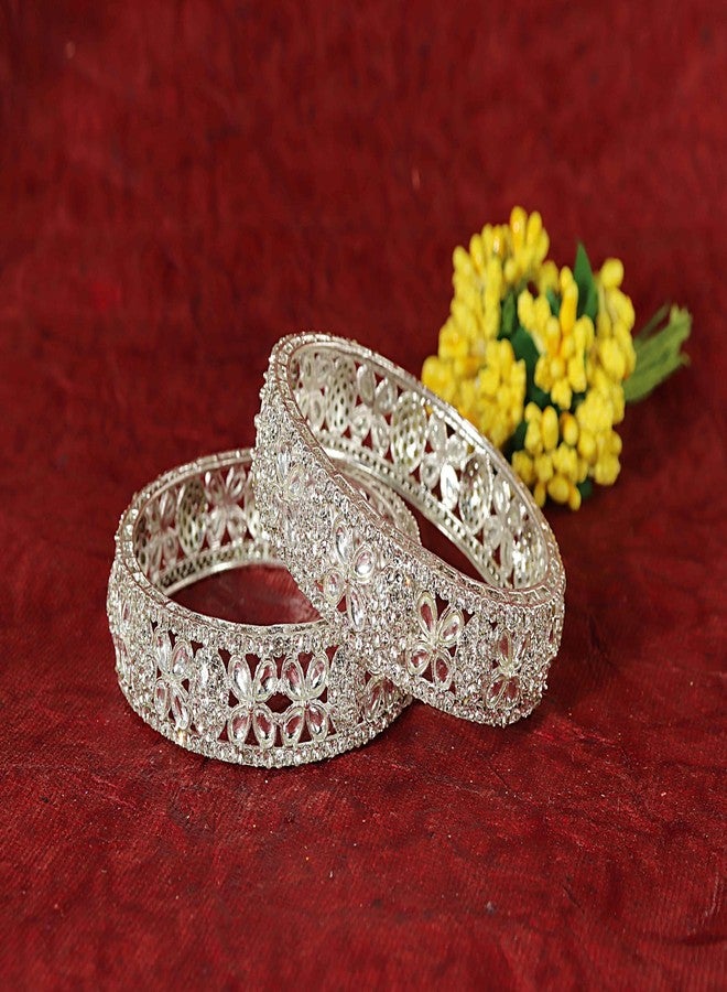 LAVAZZA Designer Alloy Metal Bangles Set with Zircon Diamond & Kundan Stone For Women & Girls | Traditional Women's Bangles Bracelet | Bangles For Girls Wedding, Party, Daily-(LV_RKM28-Silver-2.6) - Image 4