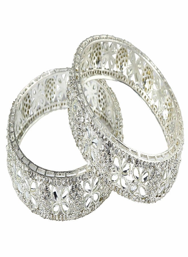 LAVAZZA Designer Alloy Metal Bangles Set with Zircon Diamond & Kundan Stone For Women & Girls | Traditional Women's Bangles Bracelet | Bangles For Girls Wedding, Party, Daily-(LV_RKM28-Silver-2.6) - Image 1