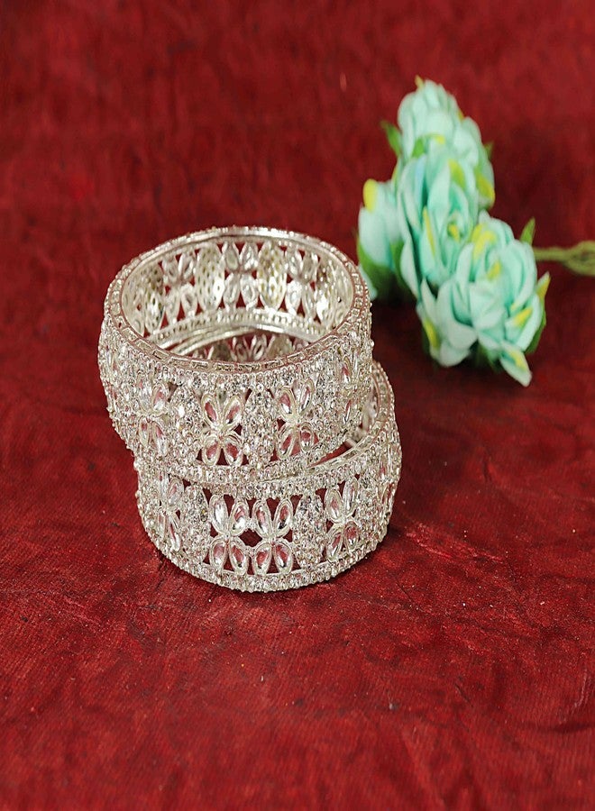 LAVAZZA Designer Alloy Metal Bangles Set with Zircon Diamond & Kundan Stone For Women & Girls | Traditional Women's Bangles Bracelet | Bangles For Girls Wedding, Party, Daily-(LV_RKM28-Silver-2.6) - Image 3