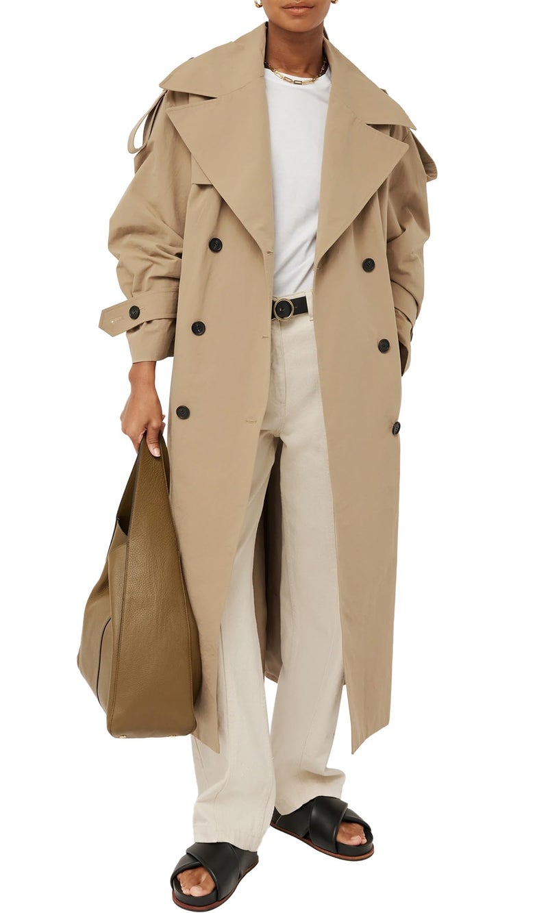 Farktop Womens Long Trench Coat Double Breasted Lapel Oversized Windbreaker Overcoat with Belt - Image 1