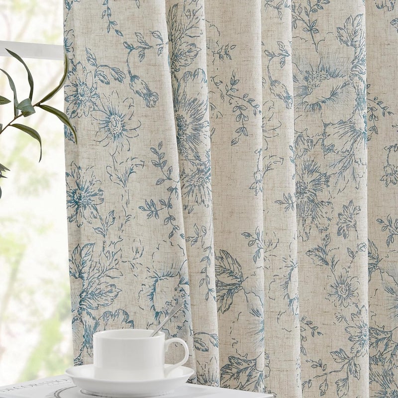 jinchan Linen Blend Curtain Floral Curtains for Living Room 84 Inch Length Blue Printed Curtain Rod Pocket Back Tab Farmhouse Peony Flower Patterned Drapes Bedroom Window Curtains Set 2 Panels - Image 1