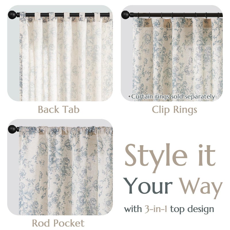 jinchan Linen Blend Curtain Floral Curtains for Living Room 84 Inch Length Blue Printed Curtain Rod Pocket Back Tab Farmhouse Peony Flower Patterned Drapes Bedroom Window Curtains Set 2 Panels - Image 4