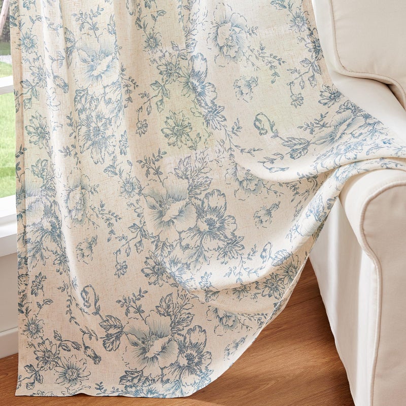jinchan Linen Blend Curtain Floral Curtains for Living Room 84 Inch Length Blue Printed Curtain Rod Pocket Back Tab Farmhouse Peony Flower Patterned Drapes Bedroom Window Curtains Set 2 Panels - Image 5