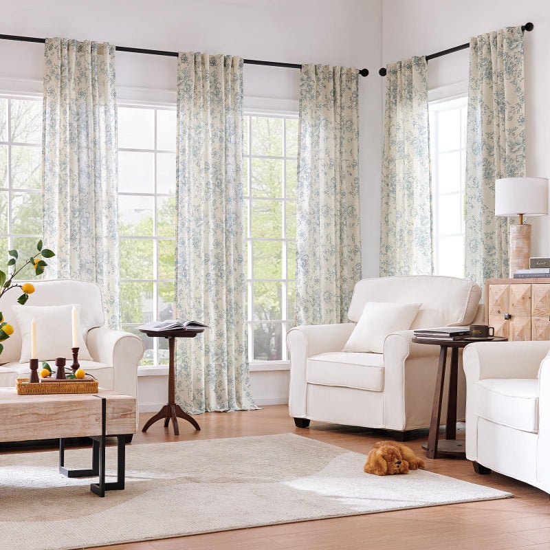 jinchan Linen Blend Curtain Floral Curtains for Living Room 84 Inch Length Blue Printed Curtain Rod Pocket Back Tab Farmhouse Peony Flower Patterned Drapes Bedroom Window Curtains Set 2 Panels - Image 2