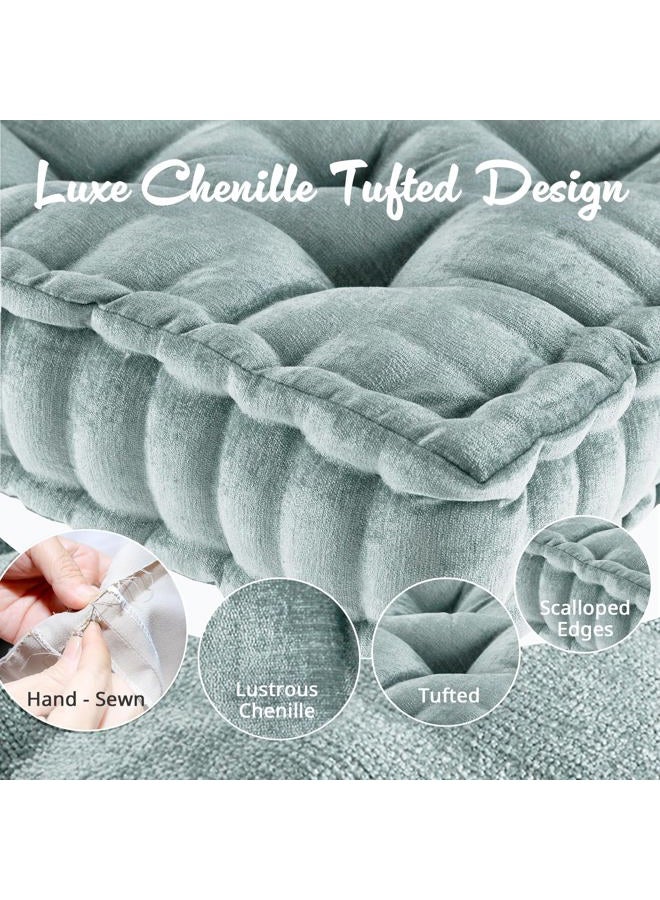 Intelligent Design Azza Floor Pillow Square Pouf Chenille Tufted with Scalloped Edge Design Hypoallergenic Bench/Chair Cushion, 20"x20"x5", Aqua - Image 3