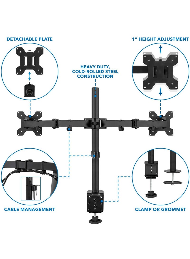 ELTRAZONE Dual Monitor Mount | Double Monitor Desk Stand | Interchangeable C-Clamp and Grommet Base | Two Heavy Duty Height Adjustable Arms Fit 2 Computer Screens 19 21.5 24 27 32 Inches | VESA 75 100 - Image 3