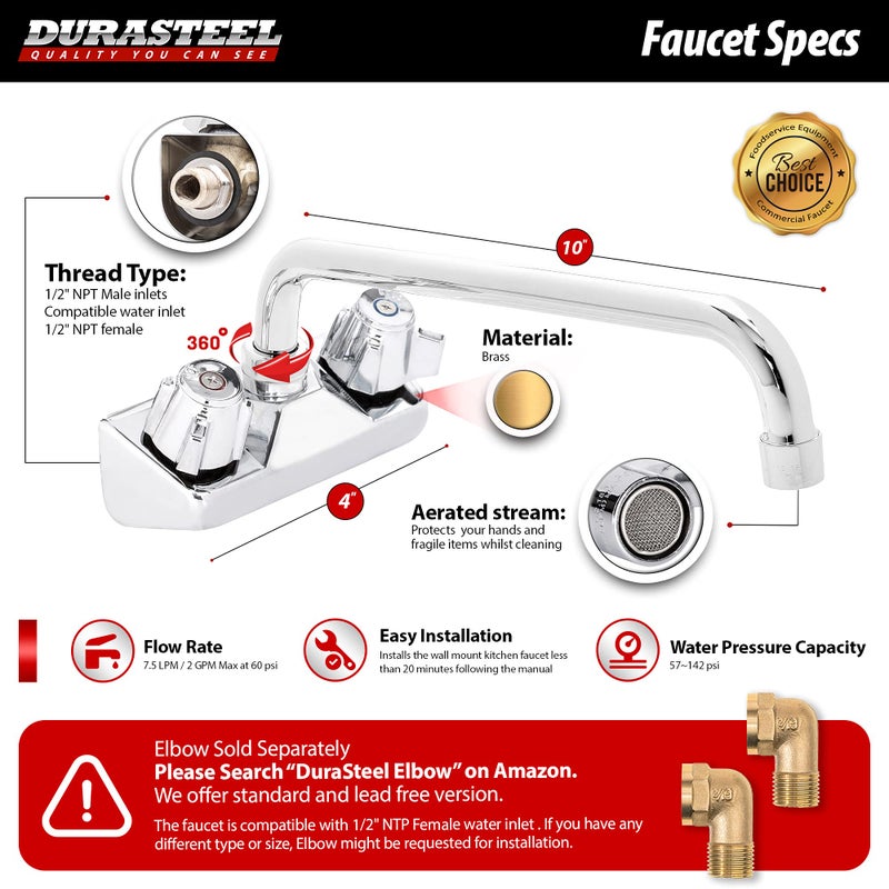 DuraSteel 10 Inch Spout Faucet - 4 Inch Center Wall Mount Kitchen Bar Sink Faucet with Swing Spout - CEC Certified for Saving Water Faucet - Dual Knobs - Image 5