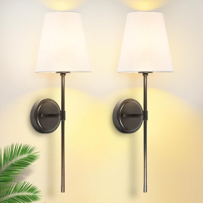 WALL SCONCES SET OF 2 BLACK MODERN WALL LIGHT FIXTURE INDUSTRIAL WALL SCONCES LIGHTING FOR BEDROOM WALL LIGHTS WITH FABRIC SHADE WALL LAMPS FOR HALLWAY E26 SOCKET BULBS NOT INCLUDED