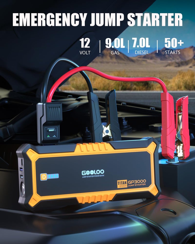 GOOLOO GP3000 3000A Jump Starter,12V Car Battery Jump Starter for up to 9.0L Gas Engines & 7.0L Diesel, Supersafe Lithium Jump Box Battery Booster Pack, Auto Battery Starter with USB Quick Charge - Image 2