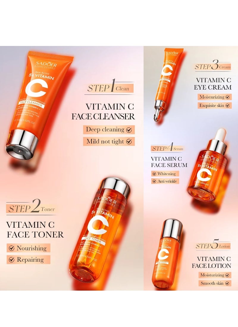 SADOER - Skin Active 5X Vitamin C Skin Care Set with Vitamin C Face Cleanser Face Toner Eye Cream Face Serum Face Lotion face Cream Gift Box Hydrating Moisturizing Whitening Brightening Skincare Set for Women and Men - Image 1