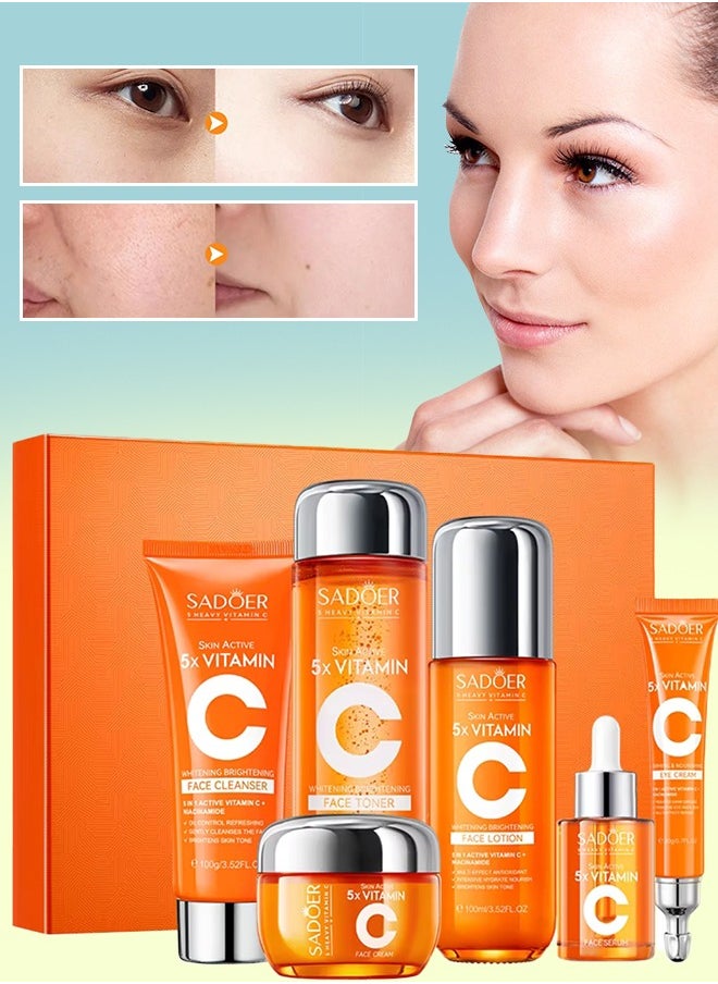 SADOER - Skin Active 5X Vitamin C Skin Care Set with Vitamin C Face Cleanser Face Toner Eye Cream Face Serum Face Lotion face Cream Gift Box Hydrating Moisturizing Whitening Brightening Skincare Set for Women and Men - Image 1