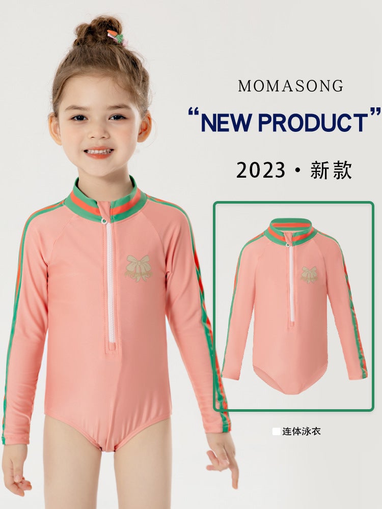 Momasong New Girls'' One-piece Middle and Big Kids Swimsuit Children''s Swimsuit Long-sleeved Sunscreen Girls'' Baby Hot Spring - Image 2