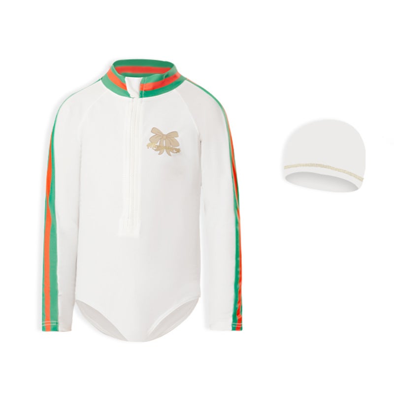 Momasong New Girls'' One-piece Middle and Big Kids Swimsuit Children''s Swimsuit Long-sleeved Sunscreen Girls'' Baby Hot Spring - Image 1