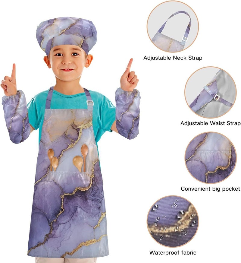 Kids Aprons Multi-use Marble White Purple Beauty Cooking Aprons Toddler Chef Hat Set for Kids Gifts 3-12 Years Old - Image 4
