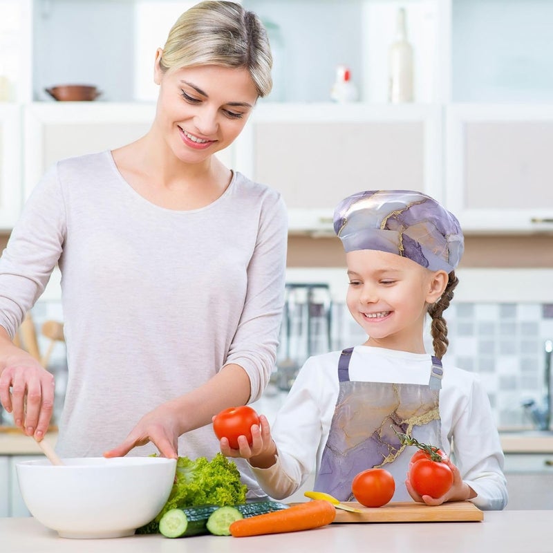 Kids Aprons Multi-use Marble White Purple Beauty Cooking Aprons Toddler Chef Hat Set for Kids Gifts 3-12 Years Old - Image 5
