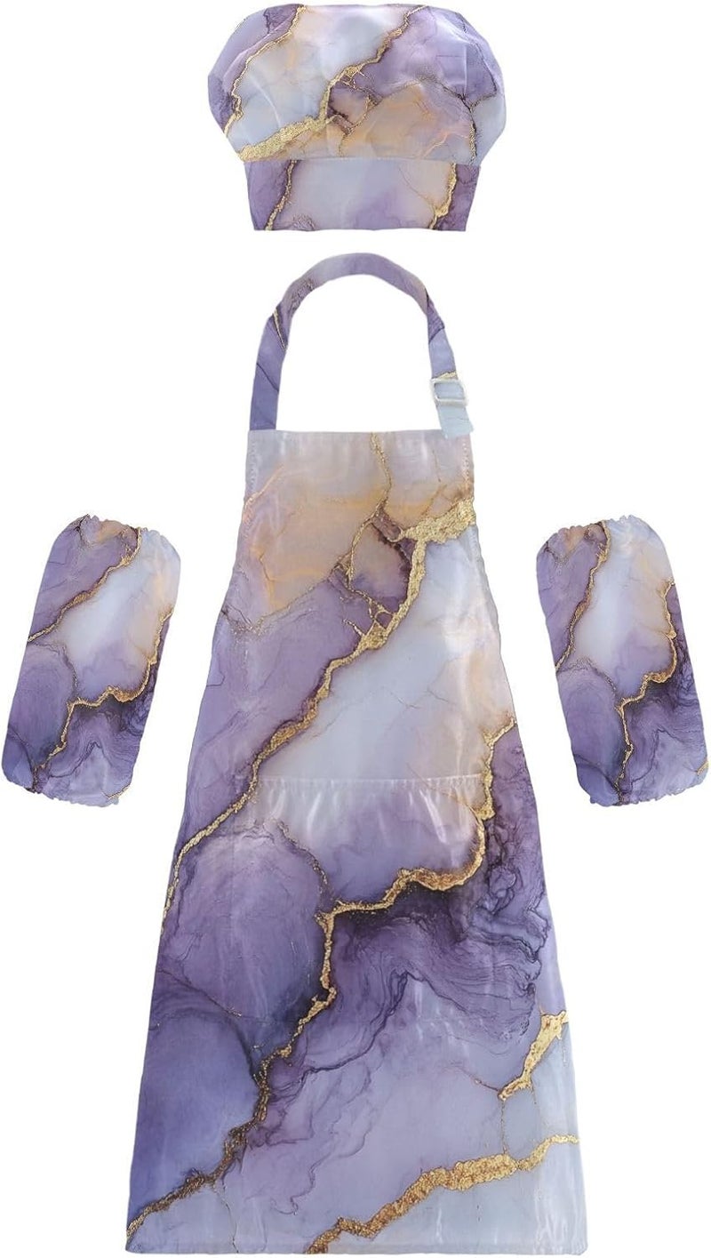 Kids Aprons Multi-use Marble White Purple Beauty Cooking Aprons Toddler Chef Hat Set for Kids Gifts 3-12 Years Old - Image 1