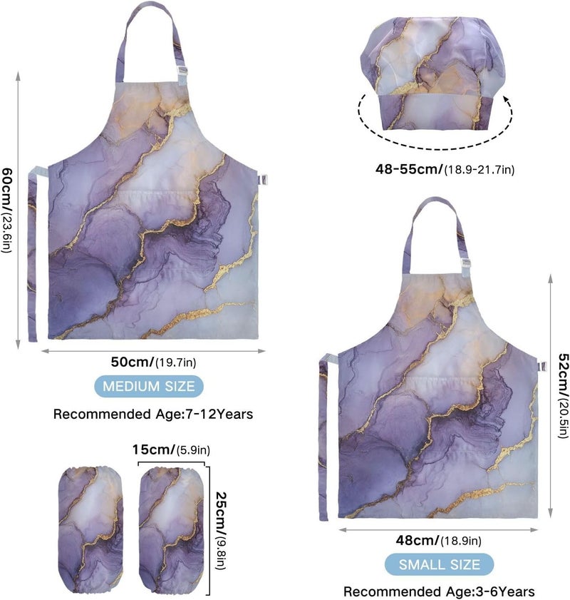 Kids Aprons Multi-use Marble White Purple Beauty Cooking Aprons Toddler Chef Hat Set for Kids Gifts 3-12 Years Old - Image 3