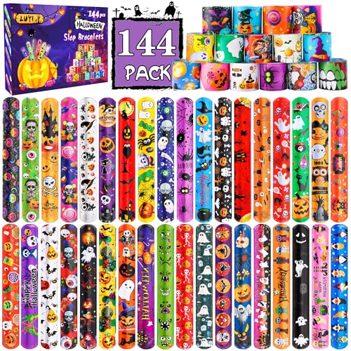 LUYI 144 PCS Halloween Slap BraceletsHalloween Party Favors Supplies for Kids108 Different Designs Bracelets Bulk for Halloween Decorations Treat Toys Bag Stuffers Gift for Kids Girls Boys - Image 1