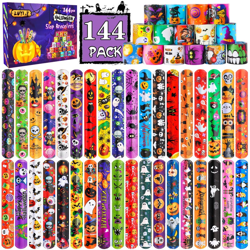 LUYI 144 PCS Halloween Slap BraceletsHalloween Party Favors Supplies for Kids108 Different Designs Bracelets Bulk for Halloween Decorations Treat Toys Bag Stuffers Gift for Kids Girls Boys - Image 3