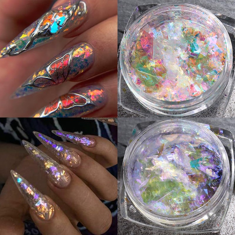 Fcozpjk Iridescent Chrome Nail Powder, 6 Boxes Crystal Fire Opal Flakes for Nail Art, Holographic Chunky Glitter Mermaid Sequins, Chameleon Flakes Set, Ice Aurora Glass Paper Manicure Paillettes Decoration - Image 5