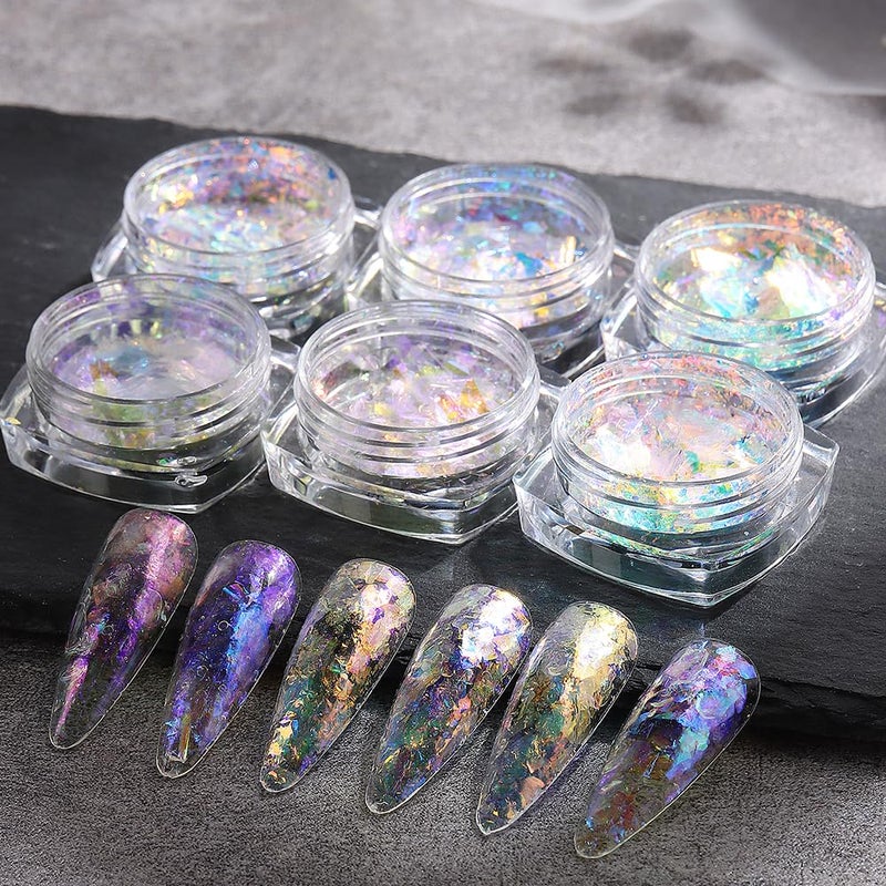Fcozpjk Iridescent Chrome Nail Powder, 6 Boxes Crystal Fire Opal Flakes for Nail Art, Holographic Chunky Glitter Mermaid Sequins, Chameleon Flakes Set, Ice Aurora Glass Paper Manicure Paillettes Decoration - Image 4