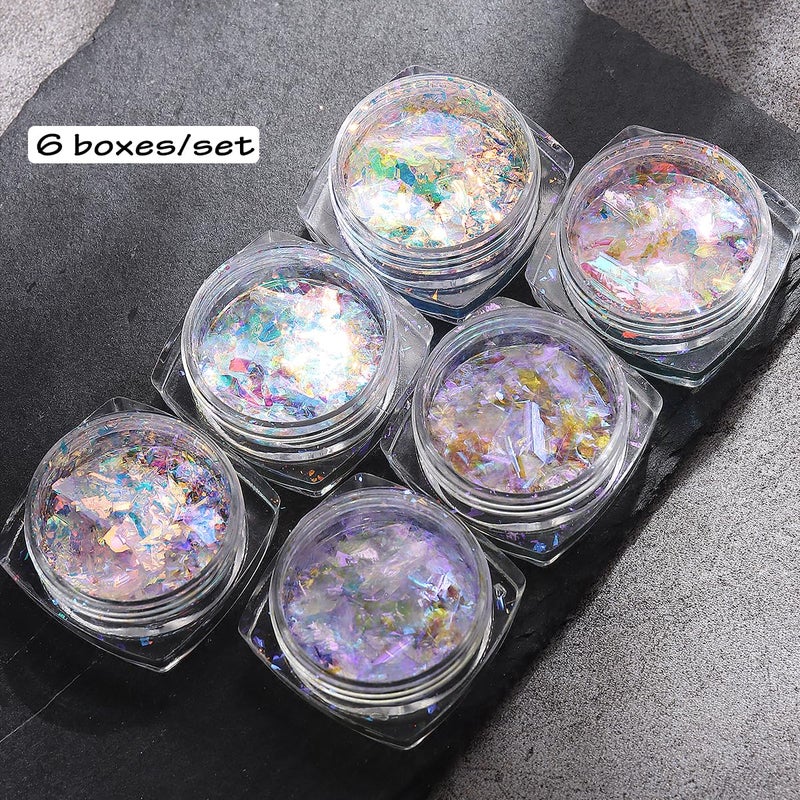 Fcozpjk Iridescent Chrome Nail Powder, 6 Boxes Crystal Fire Opal Flakes for Nail Art, Holographic Chunky Glitter Mermaid Sequins, Chameleon Flakes Set, Ice Aurora Glass Paper Manicure Paillettes Decoration - Image 2