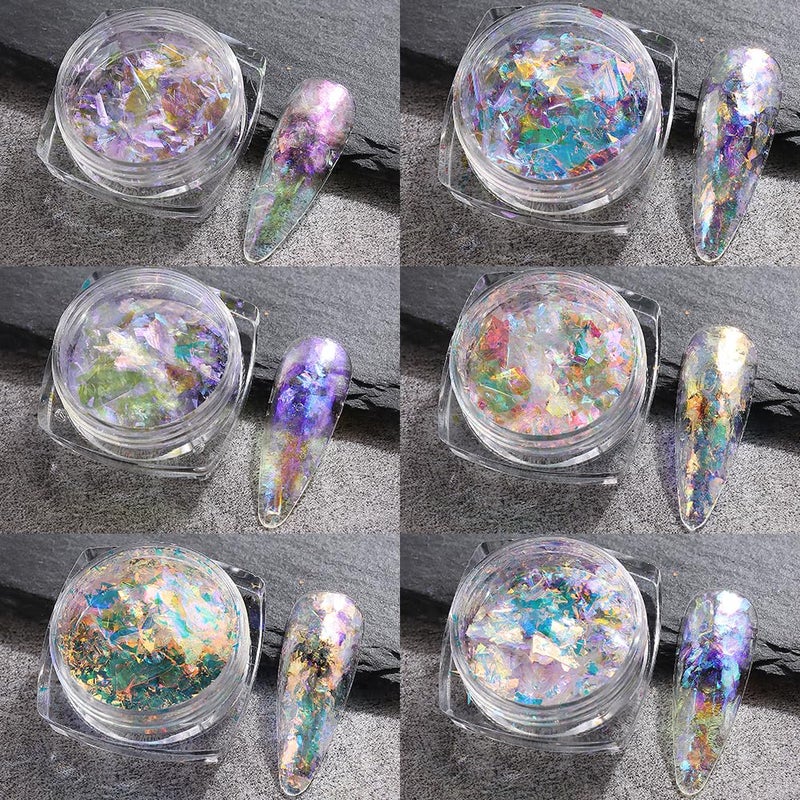 Fcozpjk Iridescent Chrome Nail Powder, 6 Boxes Crystal Fire Opal Flakes for Nail Art, Holographic Chunky Glitter Mermaid Sequins, Chameleon Flakes Set, Ice Aurora Glass Paper Manicure Paillettes Decoration - Image 3
