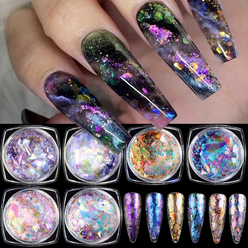 Fcozpjk Iridescent Chrome Nail Powder, 6 Boxes Crystal Fire Opal Flakes for Nail Art, Holographic Chunky Glitter Mermaid Sequins, Chameleon Flakes Set, Ice Aurora Glass Paper Manicure Paillettes Decoration - Image 1