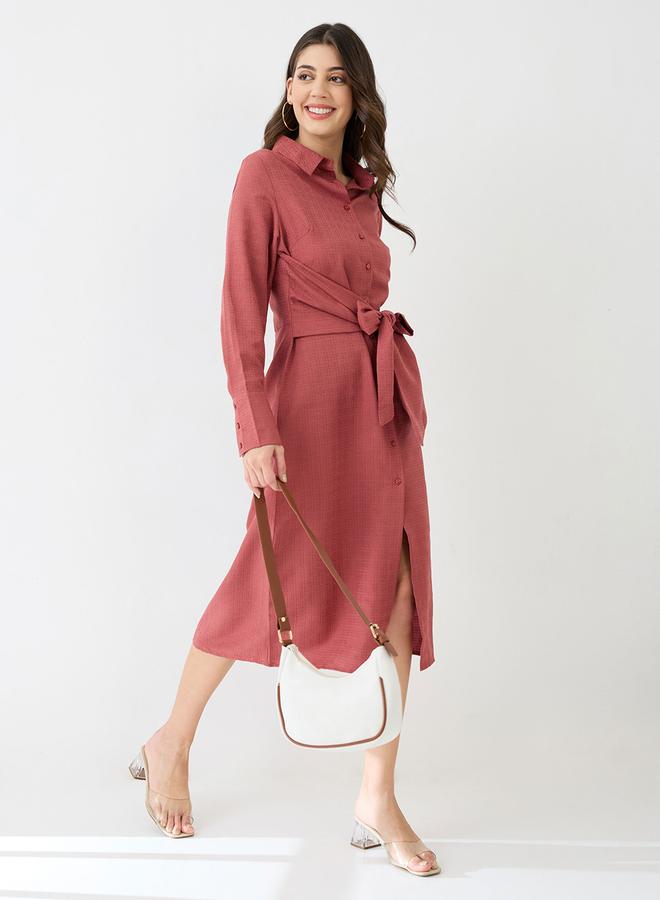 globus Women Pink Collared Neck Shirt Midi Dress - Image 1