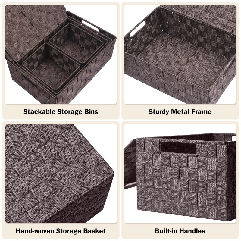 Uvellgift Storage Bins Baskets for Organizing with Lids, Storage Baskets for Shelves Stackable Woven Basket, Gift Small Basket Storage Cubes, Decorative Wicker Basket with Built-in Handles (5 Pack, Brown) - Image 4