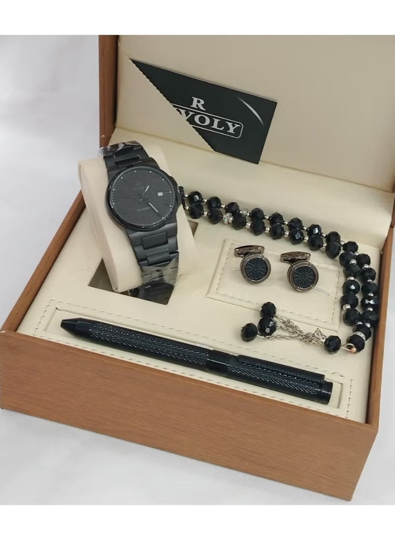 ريفولي طقم رجالي من الستانلس ستيل يتكون من ساعة وسبحة وقلم وازرار اكمام