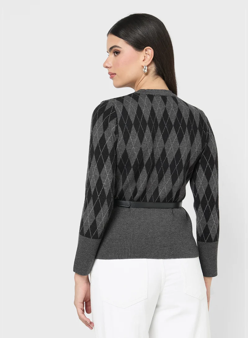 جينجر Knitted Acrylic Cardigan with Belt
