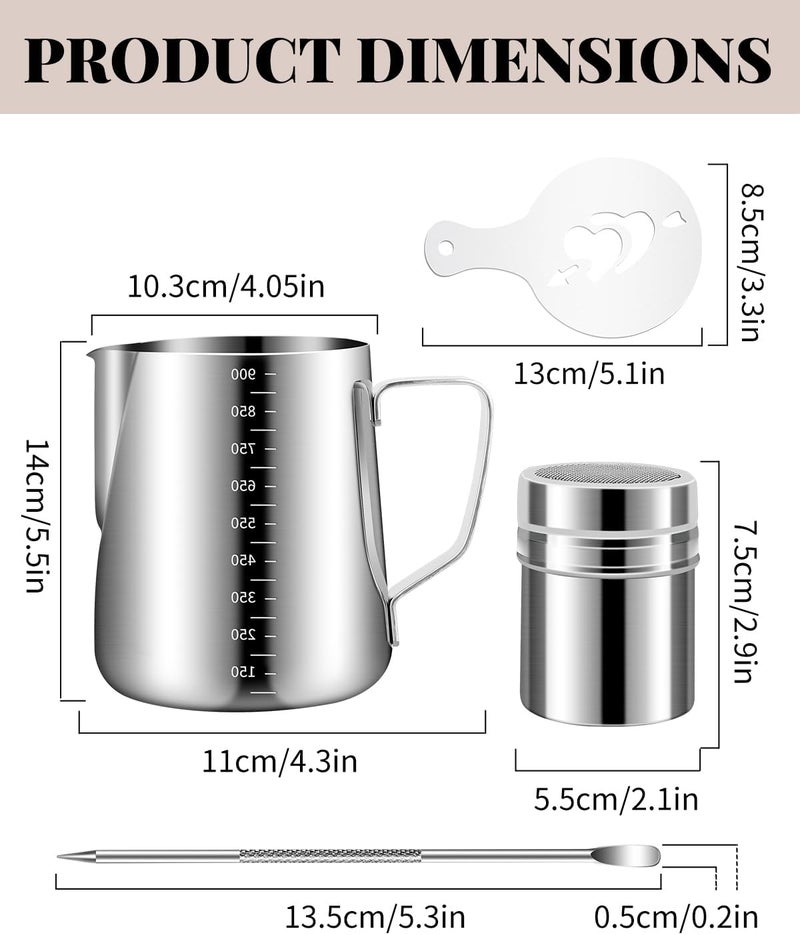 PROKITCHEN Milk Frothing Pitcher, 900ml/32oz Stainless Steel Milk Frother Cup Steaming Pitcher Espresso Machine Accessories with Decorating Art Pen, Powder Shaker, 16 PCS Coffee Decorating Stencils - Image 3