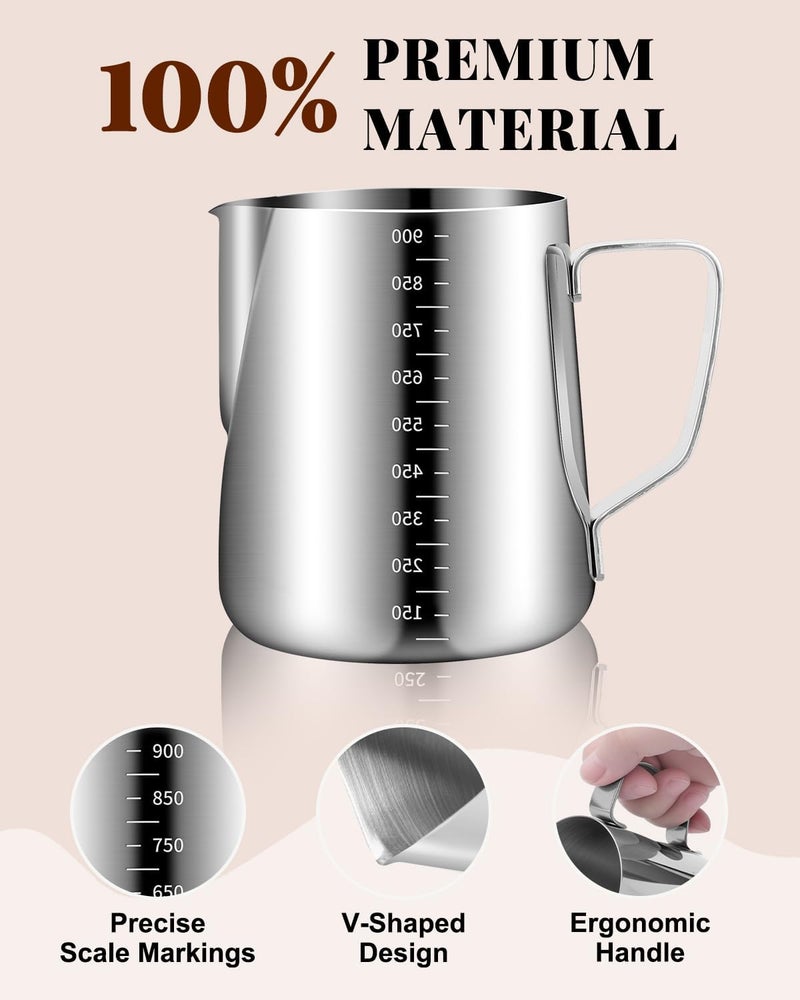 PROKITCHEN Milk Frothing Pitcher, 900ml/32oz Stainless Steel Milk Frother Cup Steaming Pitcher Espresso Machine Accessories with Decorating Art Pen, Powder Shaker, 16 PCS Coffee Decorating Stencils - Image 2
